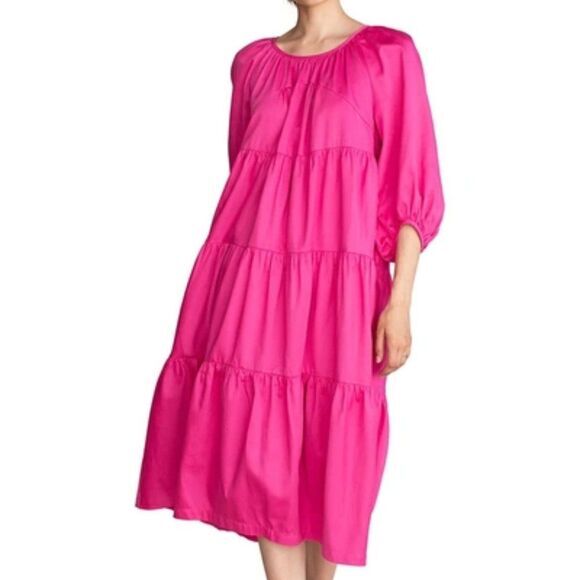 Trina Turk Cassia Tiered Midi Dress Size M Playa Pink Balloon Puff Sleeve‎ - Picture 2 of 10